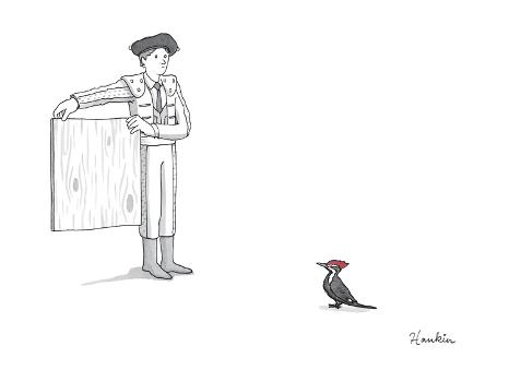 A matador provokes a red-headed woodpecker. - New Yorker Cartoon' Premium Giclee Print A matador provokes a red-headed woodpecker. - New Yorker Cartoon' Premium Giclee Print