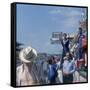 A Mechanic Holding Up a Sign, French Grand Prix, Le Mans, France, 1967-null-Framed Stretched Canvas