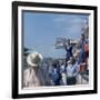 A Mechanic Holding Up a Sign, French Grand Prix, Le Mans, France, 1967-null-Framed Photographic Print