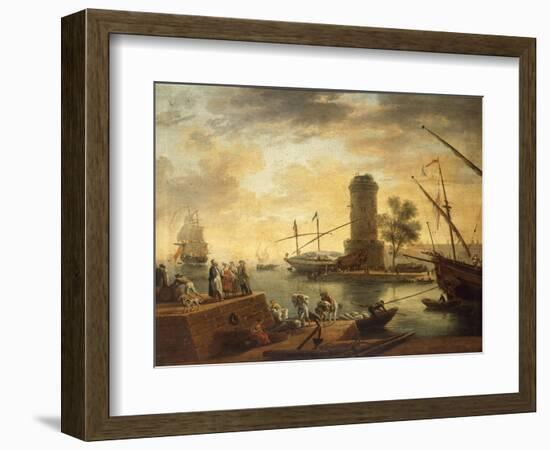 A Mediterranean Harbour Scene at Sunset-Claude Joseph Vernet-Framed Giclee Print