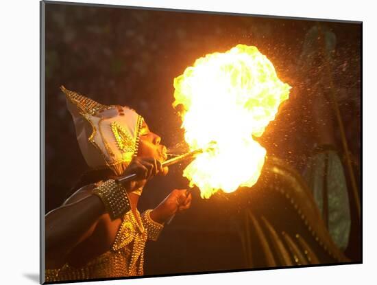 A Member of the Mocidade Samba School Spits Fire-null-Mounted Photographic Print