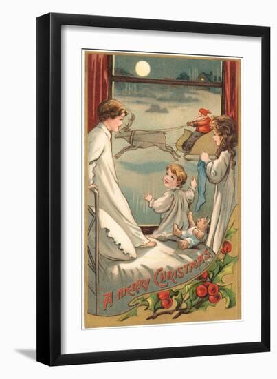 A Merry Christmas, Children at Window Watching Santa-null-Framed Art Print