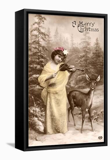 A Merry Christmas, Fiddling Girl with Deer-null-Framed Stretched Canvas