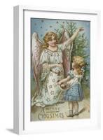 A Merry Christmas Postcard with an Angel and Little Girl-null-Framed Giclee Print