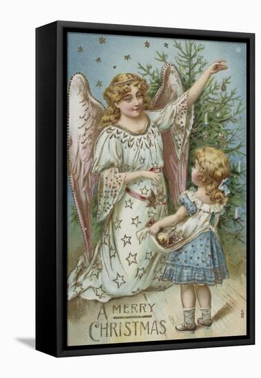 A Merry Christmas Postcard with an Angel and Little Girl-null-Framed Stretched Canvas