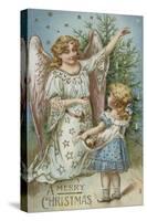 A Merry Christmas Postcard with an Angel and Little Girl-null-Stretched Canvas