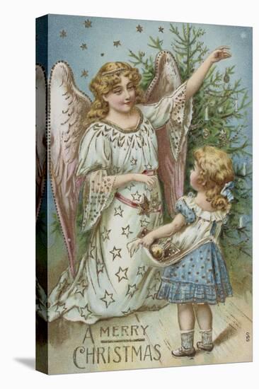 A Merry Christmas Postcard with an Angel and Little Girl-null-Stretched Canvas