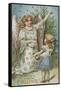 A Merry Christmas Postcard with an Angel and Little Girl-null-Framed Stretched Canvas