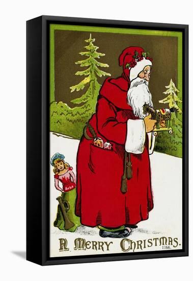 A Merry Christmas Postcard with Santa Claus Holding a Toy-null-Framed Stretched Canvas