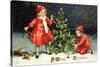 A Merry Christmas Postcard with Two Children Decorating Tree-David Pollack-Stretched Canvas