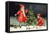 A Merry Christmas Postcard with Two Children Decorating Tree-David Pollack-Framed Stretched Canvas
