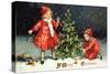 A Merry Christmas Postcard with Two Children Decorating Tree-David Pollack-Stretched Canvas