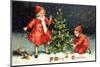 A Merry Christmas Postcard with Two Children Decorating Tree-David Pollack-Mounted Photographic Print