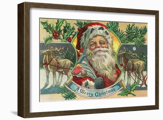 A Merry Christmas Santa and Reindeer Scene-Lantern Press-Framed Art Print