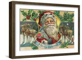 A Merry Christmas Santa and Reindeer Scene-Lantern Press-Framed Art Print