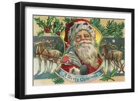 A Merry Christmas Santa and Reindeer Scene-Lantern Press-Framed Art Print