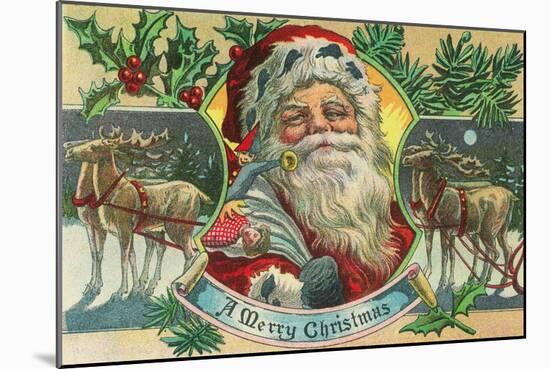 A Merry Christmas Santa and Reindeer Scene-Lantern Press-Mounted Art Print