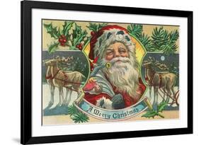 A Merry Christmas Santa and Reindeer Scene-Lantern Press-Framed Premium Giclee Print