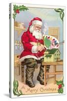 A Merry Christmas, Santa in Workshop-null-Stretched Canvas