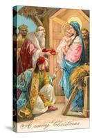 A Merry Christmas, Wise Men at Manger-null-Stretched Canvas