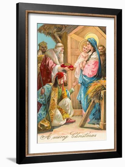 A Merry Christmas, Wise Men at Manger-null-Framed Art Print