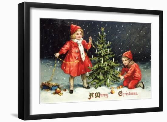 A Merry Christmas with Two Children Decorating Tree-K.J. Historical-Framed Giclee Print