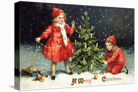 A Merry Christmas with Two Children Decorating Tree-K.J. Historical-Stretched Canvas