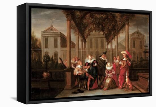 A Merry Company Playing Music under a Flowered Porch in a Garden-Dirck Hals-Framed Stretched Canvas