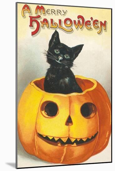 A Merry Halloween, Cat in Jack O'Lantern-null-Mounted Art Print