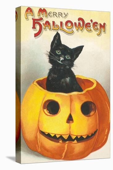 A Merry Halloween, Cat in Jack O'Lantern-null-Stretched Canvas