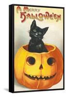 A Merry Halloween, Cat in Jack O'Lantern-null-Framed Stretched Canvas