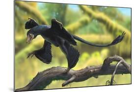 A Microraptor Perched on a Tree Branch-null-Mounted Art Print