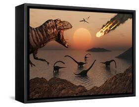 A Mighty T. Rex Roars from Overhead as a Giant Fireball Falls from the Sky-Stocktrek Images-Framed Stretched Canvas