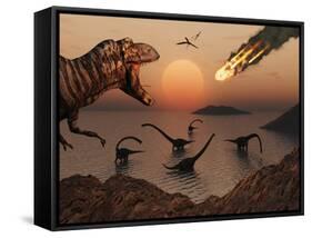 A Mighty T. Rex Roars from Overhead as a Giant Fireball Falls from the Sky-Stocktrek Images-Framed Stretched Canvas