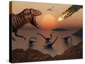A Mighty T. Rex Roars from Overhead as a Giant Fireball Falls from the Sky-Stocktrek Images-Stretched Canvas