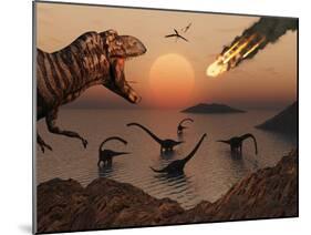 A Mighty T. Rex Roars from Overhead as a Giant Fireball Falls from the Sky-Stocktrek Images-Mounted Photographic Print
