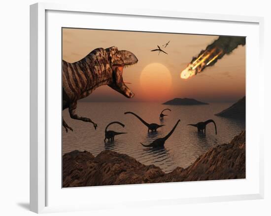 A Mighty T. Rex Roars from Overhead as a Giant Fireball Falls from the Sky-Stocktrek Images-Framed Photographic Print