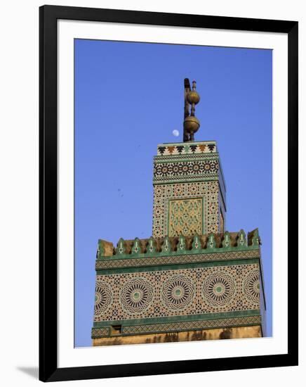 A Minaret with the Early Moon in the Background; Old Medina in Fes, Morocco-Julian Love-Framed Photographic Print