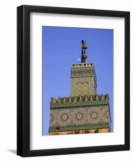 A Minaret with the Early Moon in the Background; Old Medina in Fes, Morocco-Julian Love-Framed Premium Photographic Print