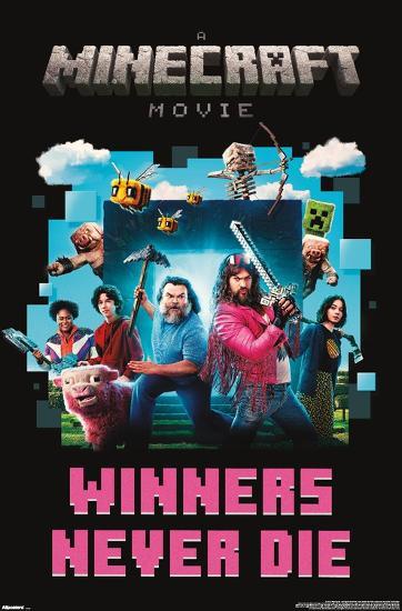 A black poster with text and characters from the Minecraft movie