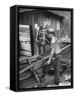 A Miner Standing with a Mule at the Rock House Coal Co. Mine-null-Framed Stretched Canvas