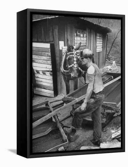 A Miner Standing with a Mule at the Rock House Coal Co. Mine-null-Framed Stretched Canvas