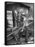 A Miner Standing with a Mule at the Rock House Coal Co. Mine-null-Framed Stretched Canvas