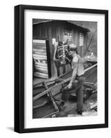A Miner Standing with a Mule at the Rock House Coal Co. Mine-null-Framed Photographic Print