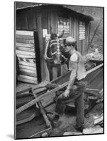 A Miner Standing with a Mule at the Rock House Coal Co. Mine-null-Mounted Photographic Print