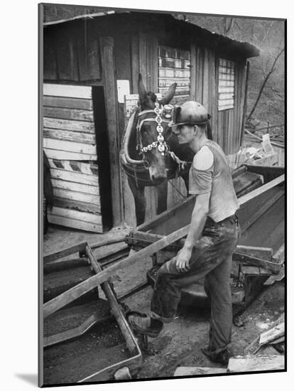 A Miner Standing with a Mule at the Rock House Coal Co. Mine-null-Mounted Photographic Print