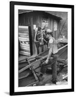 A Miner Standing with a Mule at the Rock House Coal Co. Mine-null-Framed Photographic Print