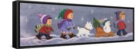 A Mini Parade of Children, a Dog and a Snowman on a Sleigh-Beverly Johnston-Framed Stretched Canvas