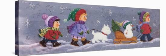 A Mini Parade of Children, a Dog and a Snowman on a Sleigh-Beverly Johnston-Stretched Canvas