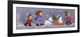 A Mini Parade of Children, a Dog and a Snowman on a Sleigh-Beverly Johnston-Framed Giclee Print